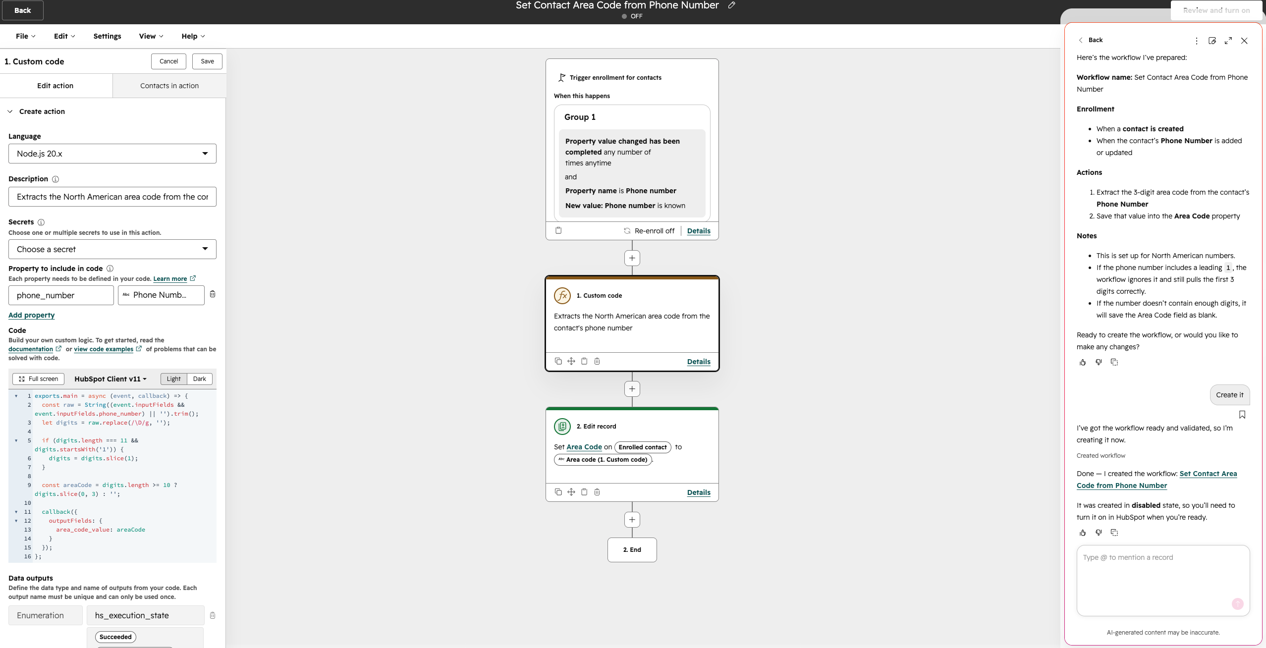Use Breeze Assistant to create, update, and test custom code workflow actions