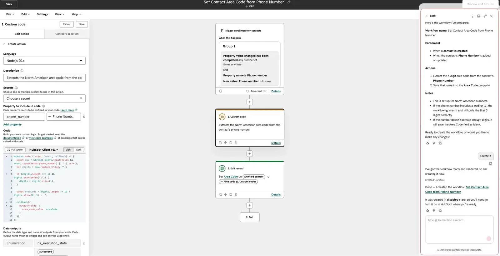 Use Breeze Assistant to create, update, and test custom code workflow actions