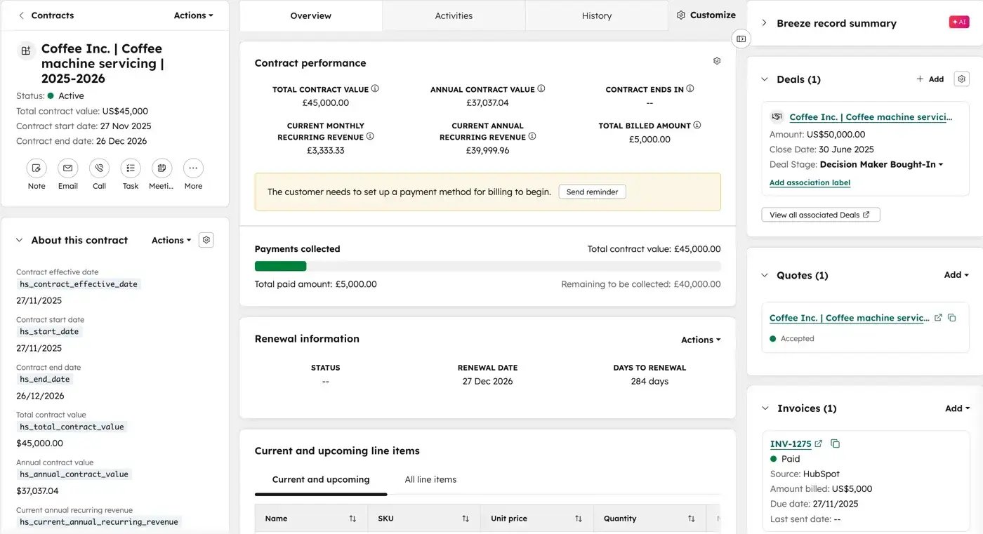 Contract record overview page showing contract details, associated records, and activity timeline
