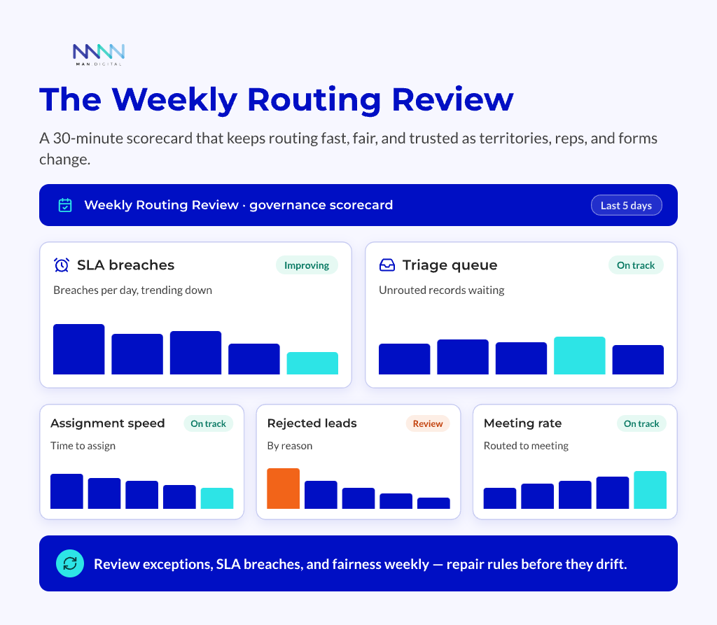 Weekly routing review scorecard with mini charts for SLA breaches, triage queue, assignment speed, rejected leads, and meeting conversion rate.