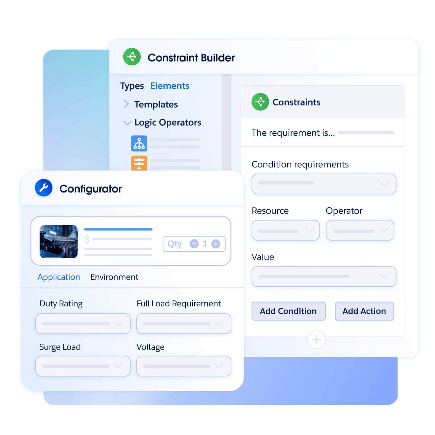 Salesforce Revenue Cloud product configurator and constraint builder interfaces for rule-based configuration