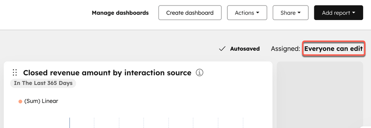 HubSpot dashboard sharing settings showing who can edit HubSpot dashboard sharing settings showing who can edit