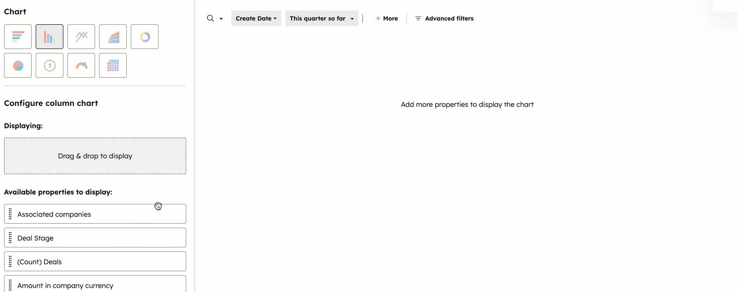 HubSpot report builder showing the date property and period used to build a chart HubSpot report builder showing the date property and period used to build a chart