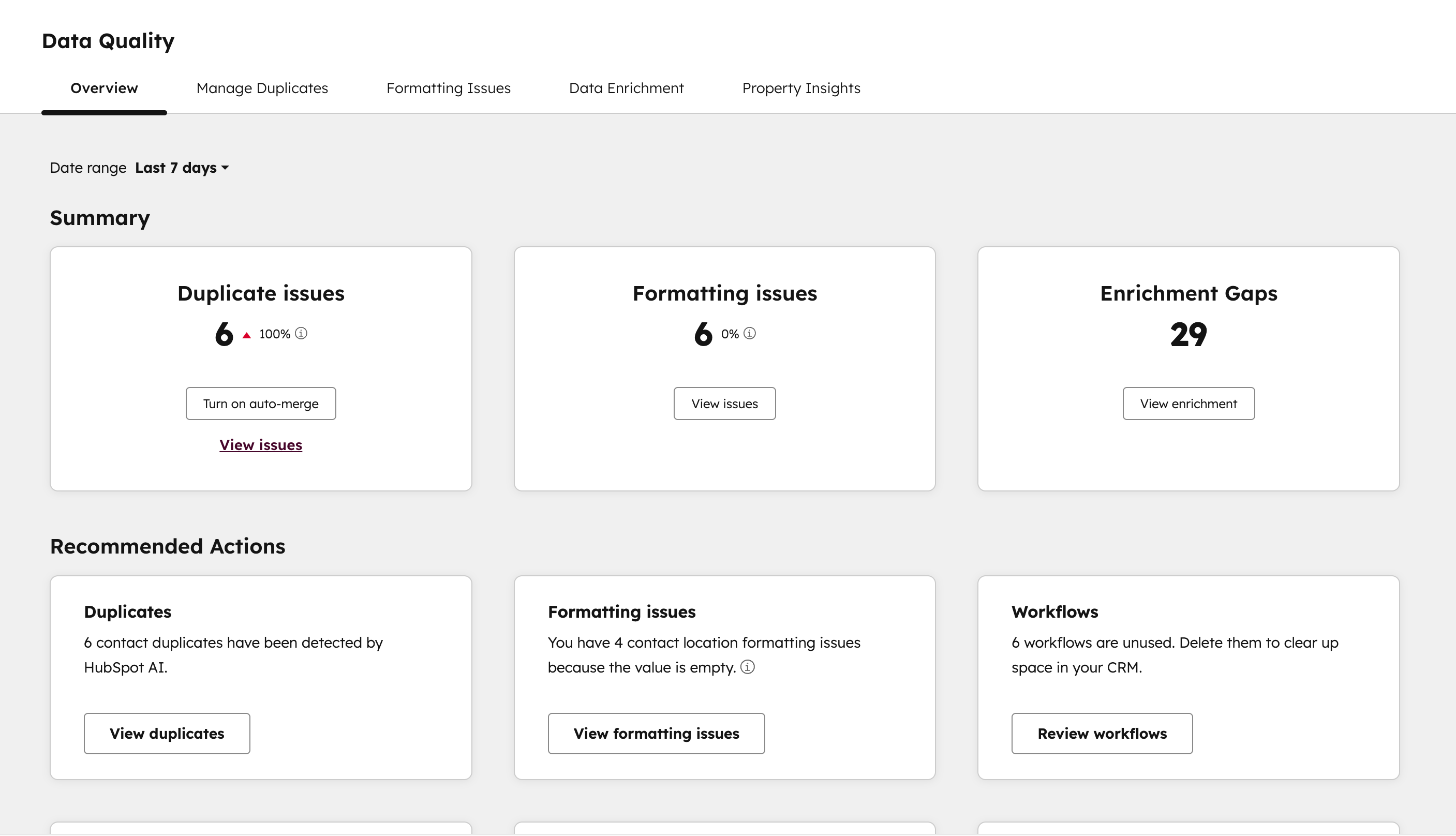 HubSpot Data Quality overview: duplicate issues, formatting issues and enrichment gaps