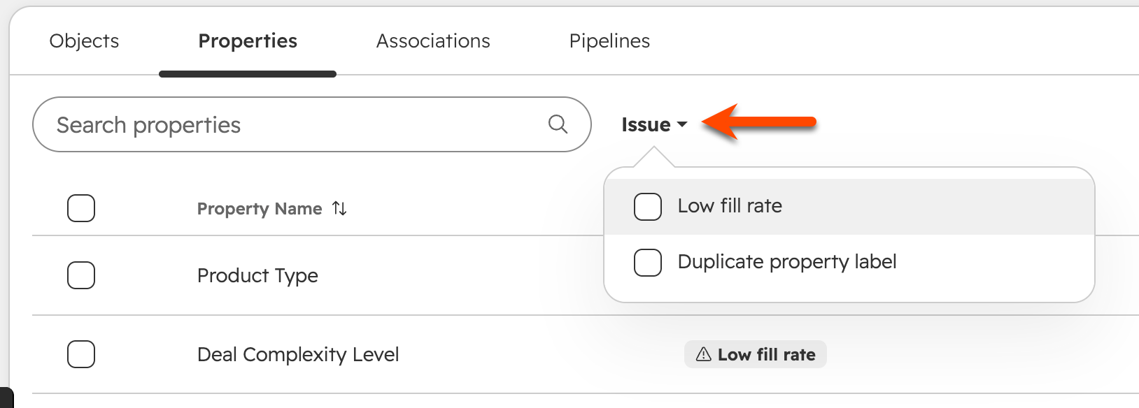 Filtering HubSpot properties by issue: low fill rate and duplicate property labels Filtering HubSpot properties by issue: low fill rate and duplicate property labels
