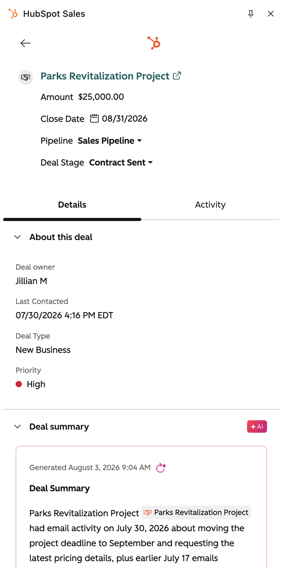 Official HubSpot deal record showing amount, close date, pipeline, deal stage, owner, priority and an AI-generated deal summary.