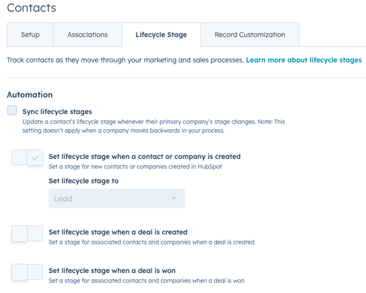Lifecycle stages set-up in HS