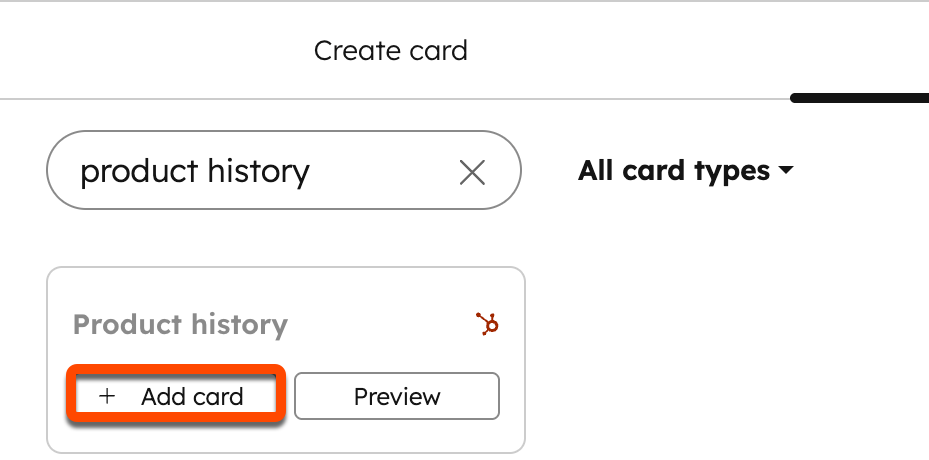 Product history card in the card library The card library filtered to product history, showing the Product history card and its Add card action.