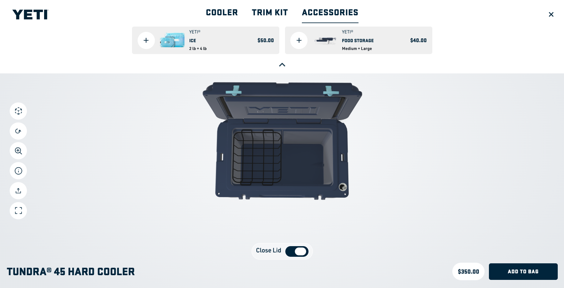 YETI Tundra 45 configurator showing accessory options, prices and the running product total