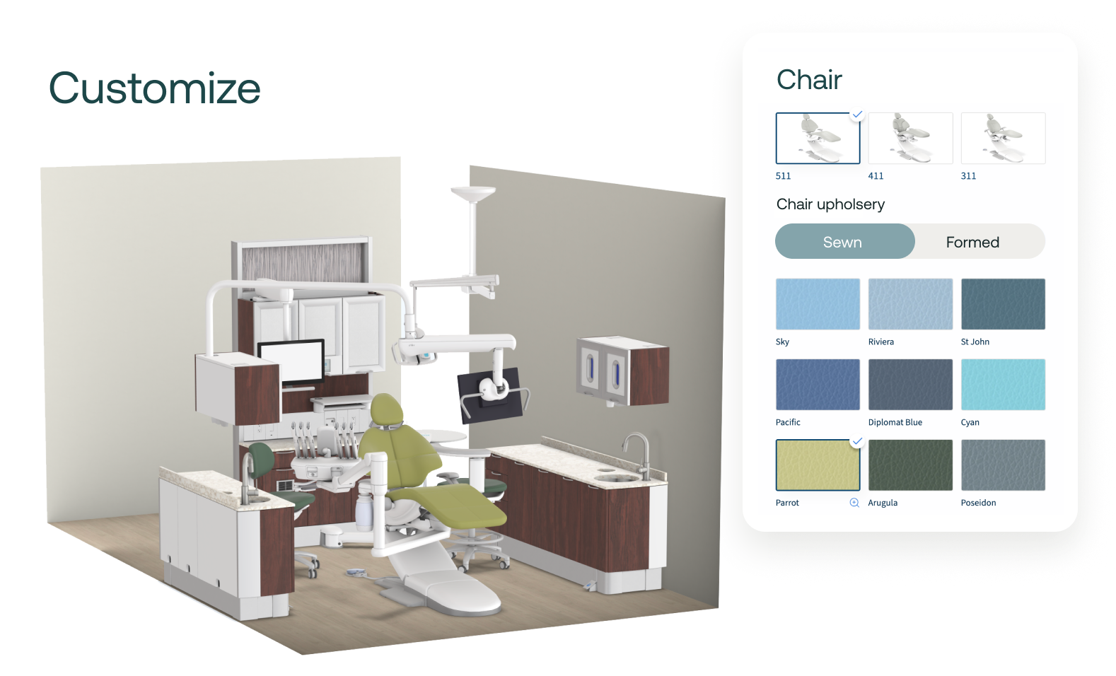 Visual configurator for a dental operatory showing chair model, upholstery type and colour options against the room layout