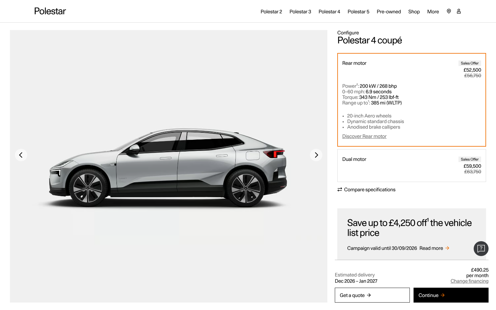 Polestar 4 coupe online car configurator showing the rendered car alongside motor versions, specifications and pricing